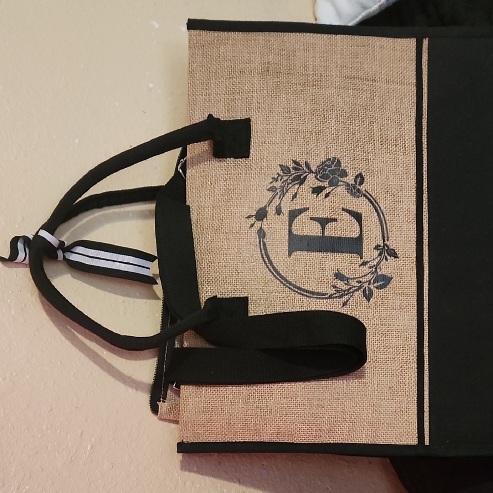 Monogrammed Burlap Tote Bag with Black Handles